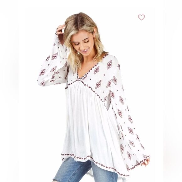 Free People Ivory Embroidered Bell Sleeve Tunic Top Boho Size S - Picture 1 of 13